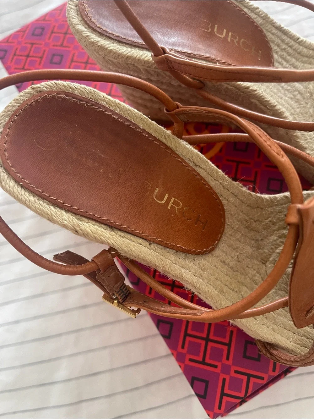 Tory Burch Tan Leather Espadrille Wedge Sandals